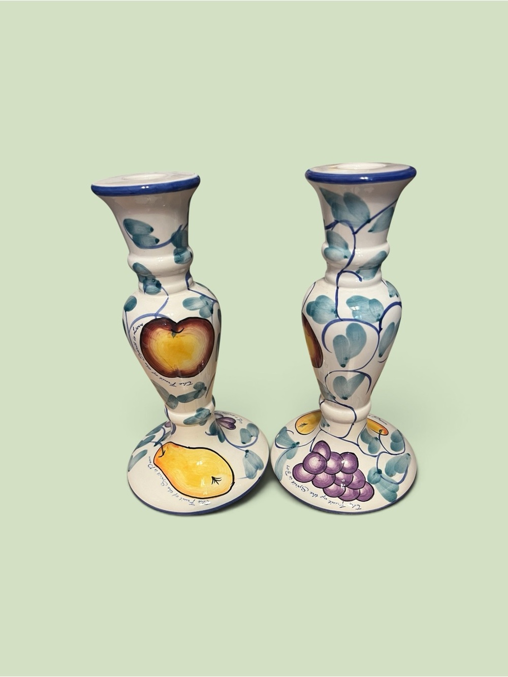 Hand-Painted Ceramic Candlestick Pair in White with Multicolor Fruit Motifs